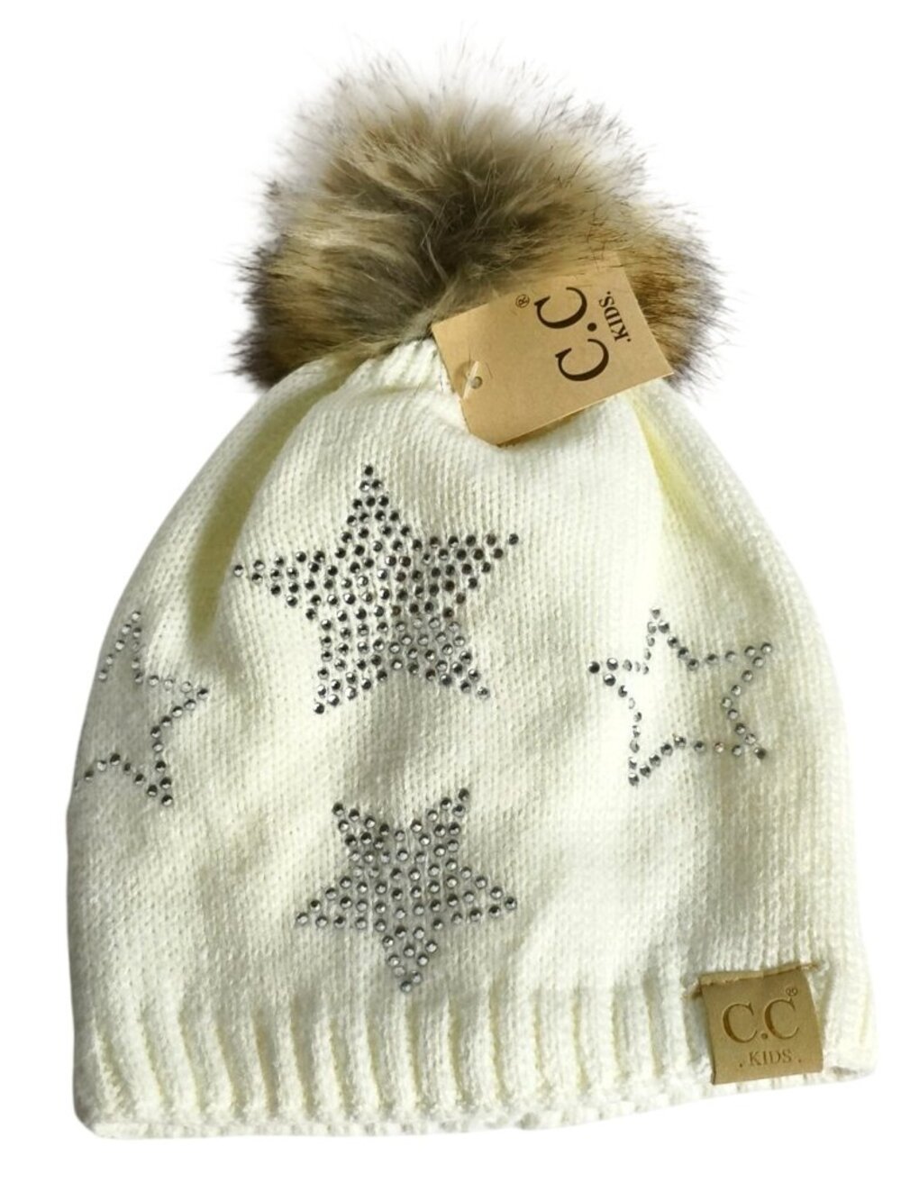 C.C. Girls Pom Pom Beanie White Star Rhinestones Faux Fur Poms Knit Hat